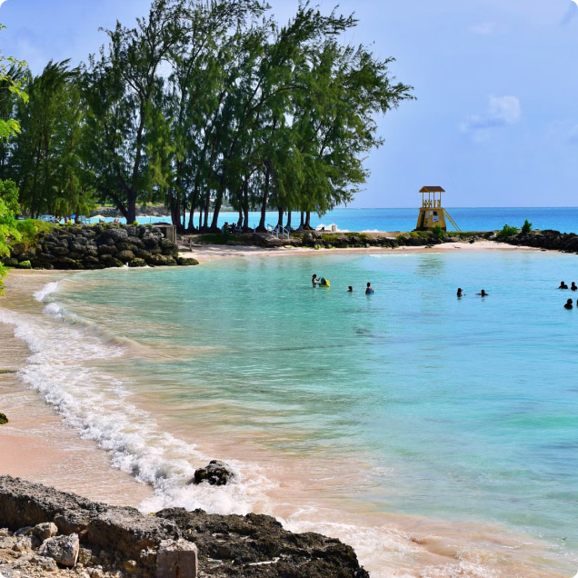 A lively beach with individuals enjoying swimming