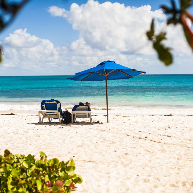 A blue umbrella stands on a sandy beach