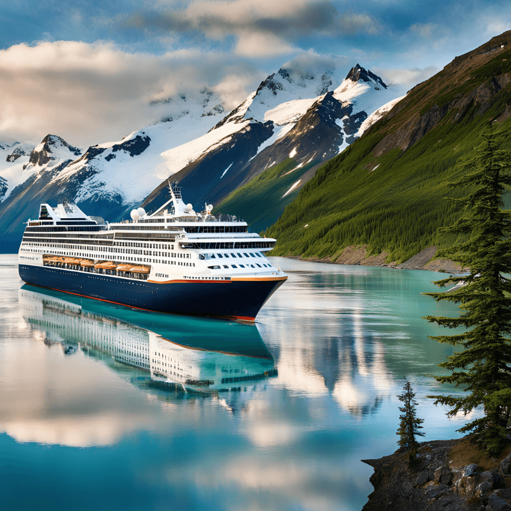 A cruise ship in a body of water with mountains in the background