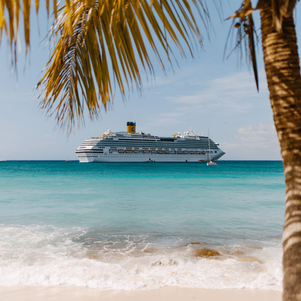 A cruise ship is in the distance from the beach