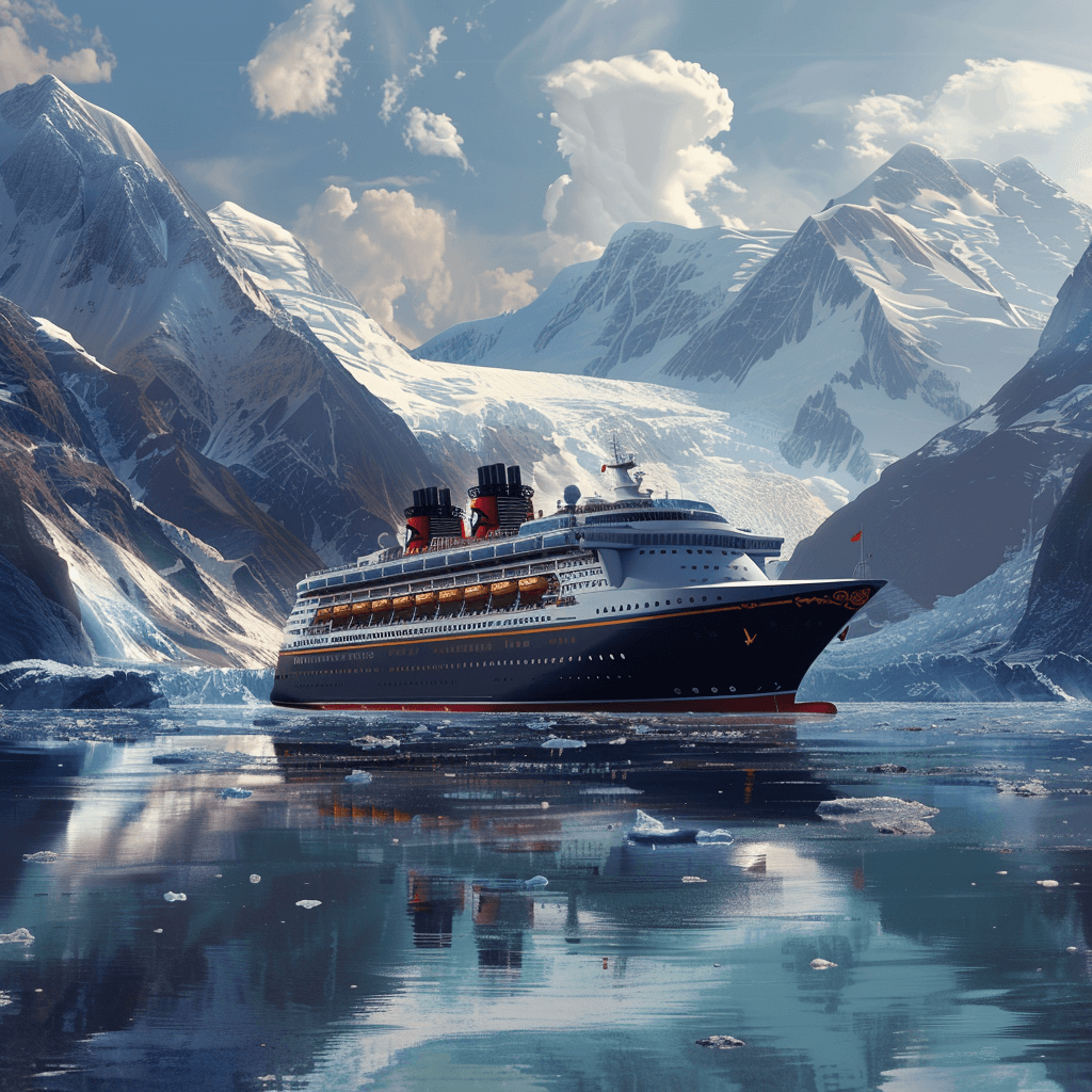 A cruise ship in a body of water with mountains in the background