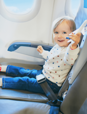 Little girl sitting in a seat on an airplane